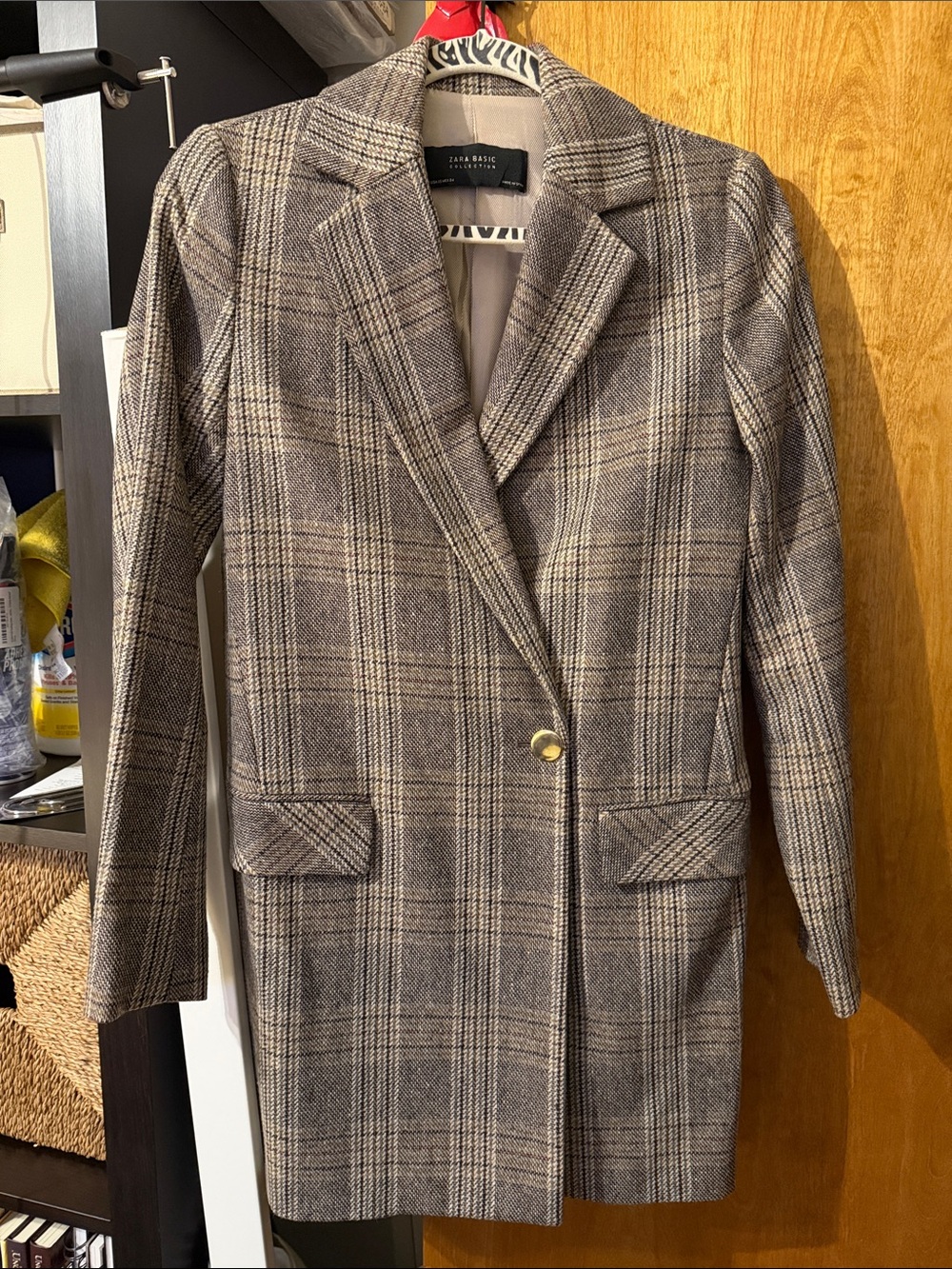 Zara Plaid Single-Button Long Blazer in Brown and Cream